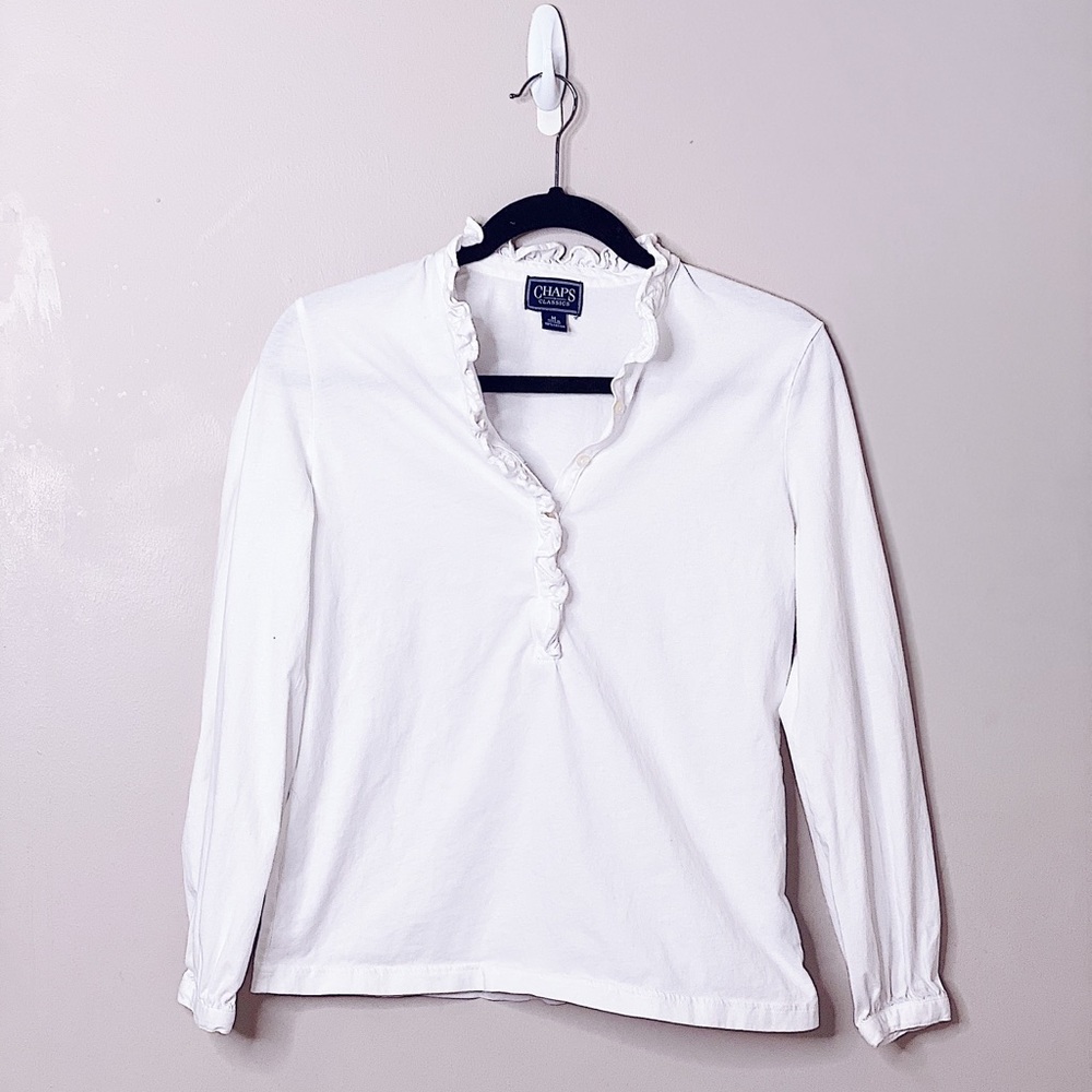 White V Neck Ruffle Button Up Blouse Longsleeve